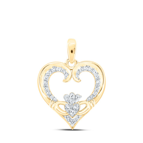 10kt Yellow Gold Womens Round Diamond Claddagh Heart Pendant 1/6 Cttw