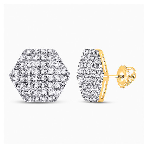 10kt Yellow Gold Mens Round Diamond Hexagon Stud Earrings 1/3 Cttw