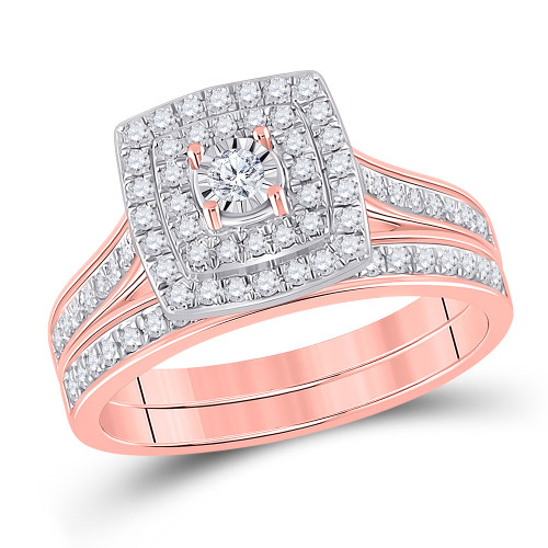 10kt Rose Gold Round Diamond Halo Bridal Wedding Ring Band Set 1/2 Cttw - 155170