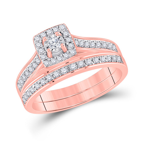 10kt Rose Gold Round Diamond Halo Bridal Wedding Ring Band Set 1/2 Cttw - 155179