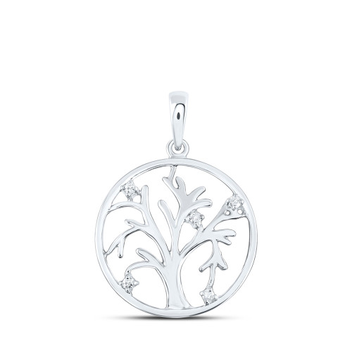 Sterling Silver Womens Round Diamond Tree Of Life Circle Pendant .03 Cttw