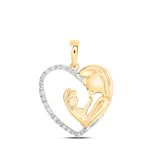 10kt Yellow Gold Womens Round Diamond Mom Child Heart Pendant 1/10 Cttw - 170746