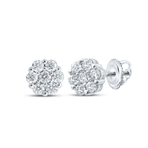 14kt White Gold Womens Round Diamond Flower Cluster Earrings 1-1/2 Cttw - 159974