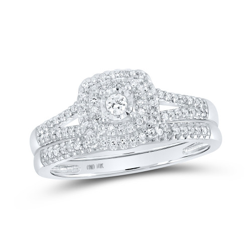 10kt White Gold Round Diamond Halo Bridal Wedding Ring Band Set 1/4 Cttw - 160594