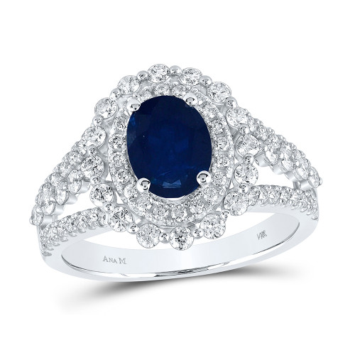 14kt White Gold Womens Oval Blue Sapphire Solitaire Diamond Ring 2-1/3 Cttw