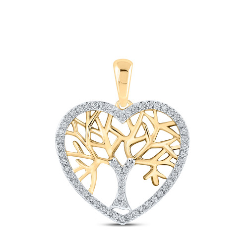 10kt Yellow Gold Womens Round Diamond Tree Of Life Heart Pendant 1/4 Cttw