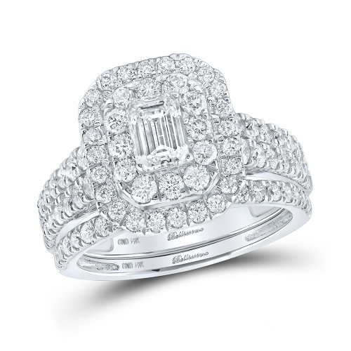 14kt White Gold Emerald Diamond Halo Bridal Wedding Ring Band Set 2 Cttw - 160014