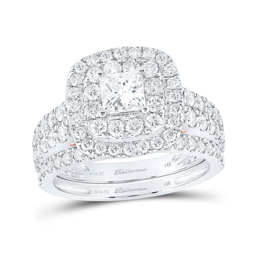 14kt White Gold Princess Diamond Halo Bridal Wedding Ring Band Set 2 Cttw - 160007