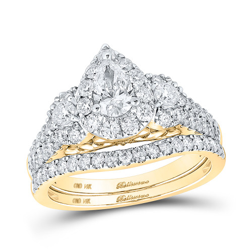 14kt Yellow Gold Pear Diamond Halo Bridal Wedding Ring Band Set 1-1/2 Cttw - 160008