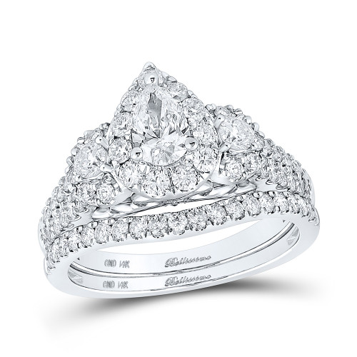 14kt White Gold Pear Diamond Halo Bridal Wedding Ring Band Set 1-1/2 Cttw - 160009