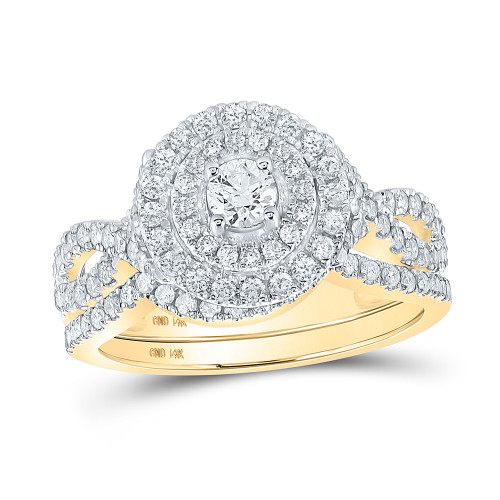 14kt Yellow Gold Round Diamond Halo Bridal Wedding Ring Band Set 1 Cttw - 162518