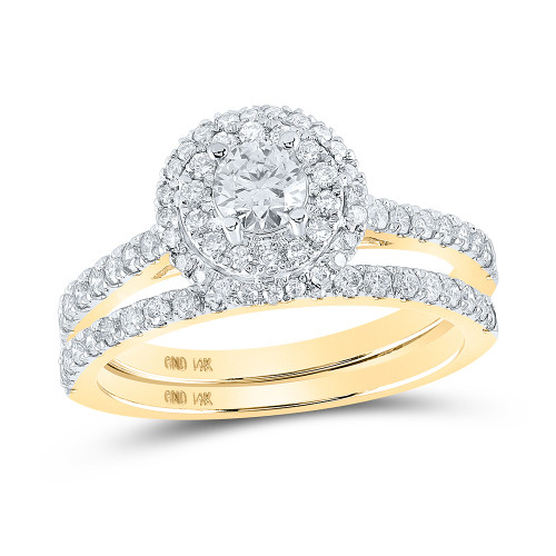 14kt Yellow Gold Round Diamond Halo Bridal Wedding Ring Band Set 1 Cttw - 162520