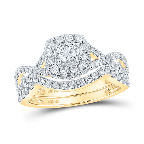 14kt Yellow Gold Round Diamond Halo Bridal Wedding Ring Band Set 1 Cttw - 162526