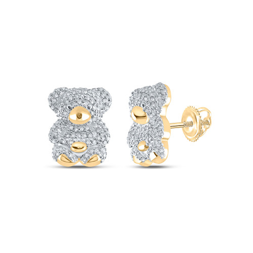 10kt Yellow Gold Womens Round Diamond Teddy Bear Animal Earrings 1/2 Cttw