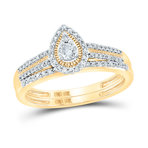 10kt Yellow Gold Round Diamond Halo Bridal Wedding Ring Band Set 1/3 Cttw - 152945