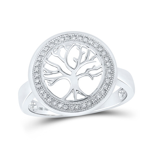 10kt White Gold Womens Round Diamond Tree Of Life Circle Ring 1/10 Cttw