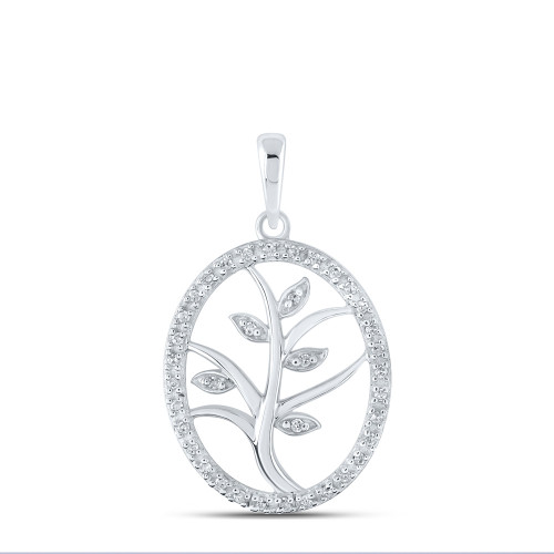 10kt White Gold Womens Round Diamond Tree Oval Pendant 1/10 Cttw