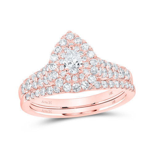 14kt Rose Gold Pear Diamond Halo Bridal Wedding Ring Band Set 1 Cttw - 165288-6