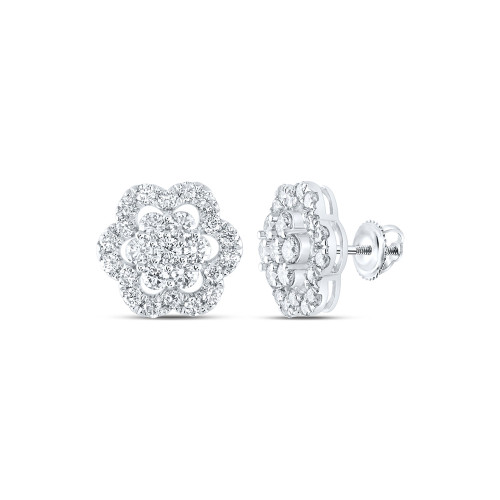 14kt White Gold Womens Round Diamond Flower Cluster Earrings 2 Cttw - 171180