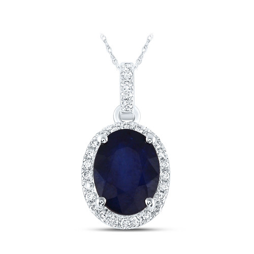 14kt White Gold Womens Oval Blue Sapphire Solitaire Diamond Halo Pendant 1-5/8 Cttw