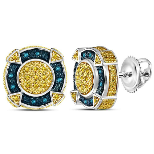 Sterling Silver Mens Round Yellow Blue Color Enhanced Diamond Circle  Cluster Earrings 1/8 Cttw