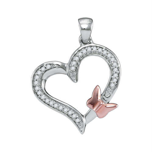 10kt White Gold Womens Round Diamond Heart Love Rose-tone Butterfly Bug Pendant 1/10 Cttw