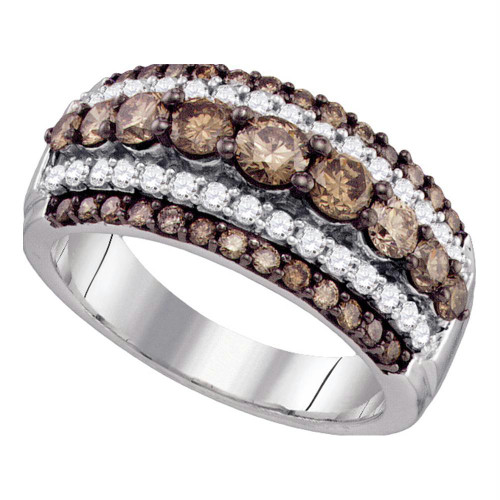 10kt White Gold Womens Round Cognac-brown Color Enhanced Diamond Fancy Cocktail Ring 1-1/2 Cttw