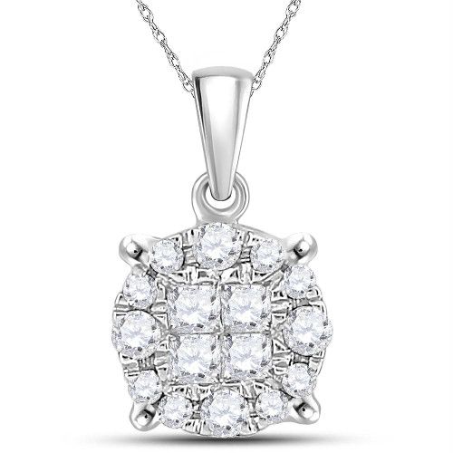 14kt White Gold Womens Princess Round Diamond Soleil Cluster Pendant 1/4 Cttw