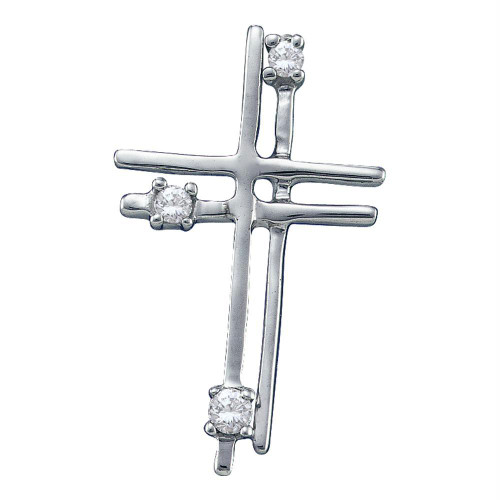 14kt White Gold Womens Round Diamond Layered Cross Religious Pendant 1/20 Cttw