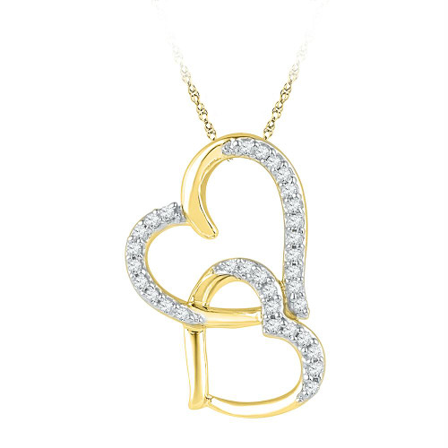10kt Yellow Gold Womens Round Diamond Linked Double Heart Pendant 1/10 Cttw