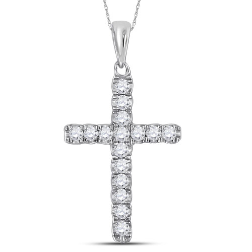 10kt White Gold Womens Round Diamond Cross Faith Pendant 1/4 Cttw