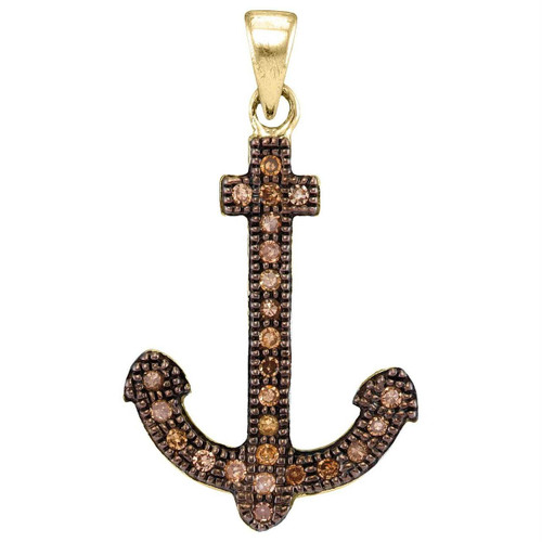 10kt Yellow Gold Round Cognac-brown Color Enhanced Diamond Anchor Nautical Pendant 1/5 Cttw