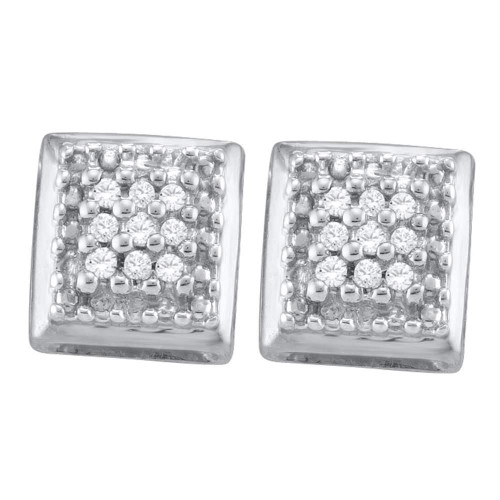 Sterling Silver Womens Round Diamond Square Cluster Screwback Earrings 1/10 Cttw