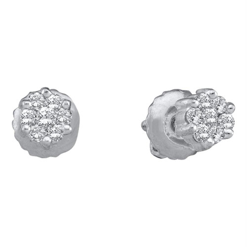 14k White Gold Round Diamond Flower Cluster Womens Screwback Stud Earrings 1/6 Cttw