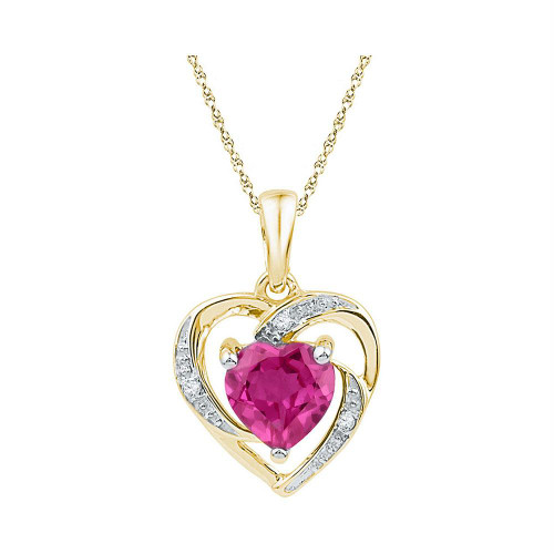 10kt Yellow Gold Womens Round Lab-Created Pink Sapphire Heart Pendant 1-1/8 Cttw