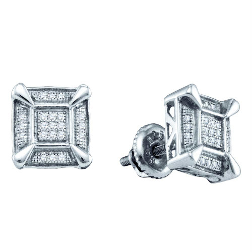 Sterling Silver Mens Round Diamond Square Cluster Stud Earrings 1/8 Cttw