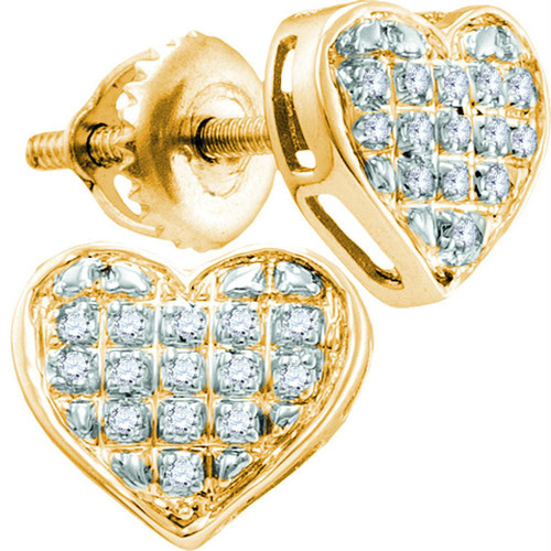 10kt Yellow Gold Womens Round Diamond Heart Cluster Screwback Earrings 1/4 Cttw