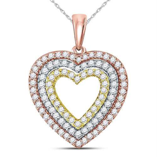 10kt Tri-Tone Gold Womens Round Diamond Triple Heart Pendant 1/2 Cttw