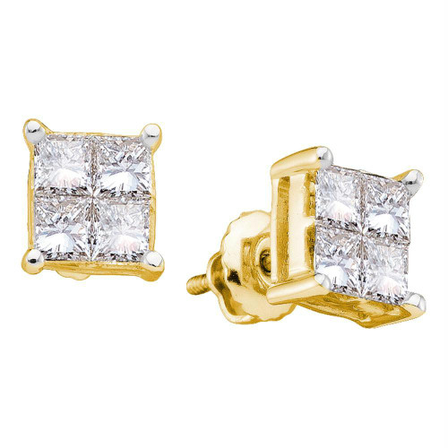 14kt Yellow Gold Womens Princess Diamond Square Cluster Stud Earrings 1.00 Cttw - 19699