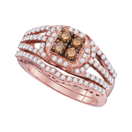 10kt Rose Gold Womens Round Cognac-brown Color Enhanced Diamond Bridal Wedding Engagement Ring Band Set 1 Cttw
