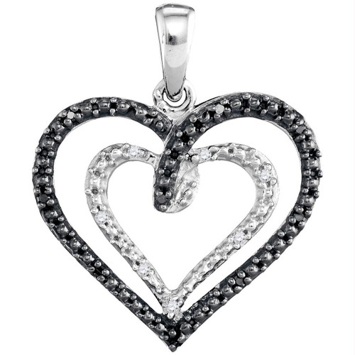Sterling Silver Womens Round Black Color Enhanced Diamond Double Nested Heart Pendant 1/20 Cttw
