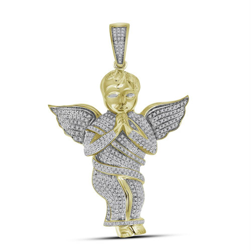 10k Yellow Gold Diamond Mens 3D Polished Large Praying Guardian Angel Cherub Charm Pendant 1.00 Cttw