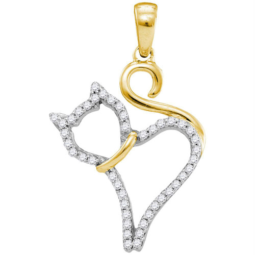 10kt Yellow Gold Womens Round Diamond Kitty Cat Feline Outline Animal Pendant 1/6 Cttw