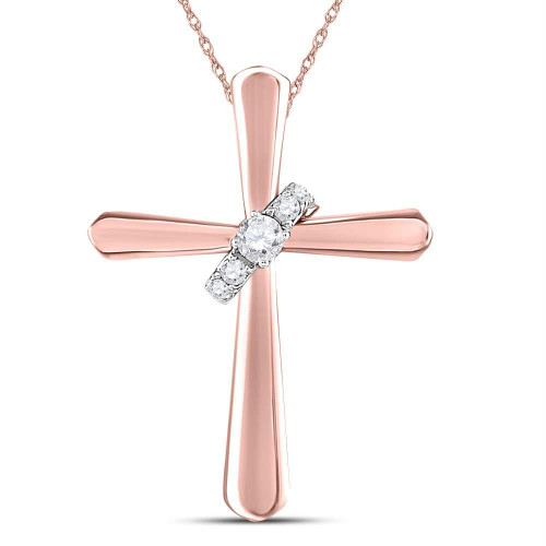 14kt Rose Gold Womens Round Diamond Cross Faith Pendant 1/10 Cttw