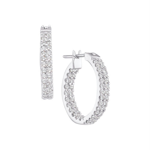 14kt White Gold Womens Round Diamond Inside Outside Double Row Hoop Earrings 1.00 Cttw