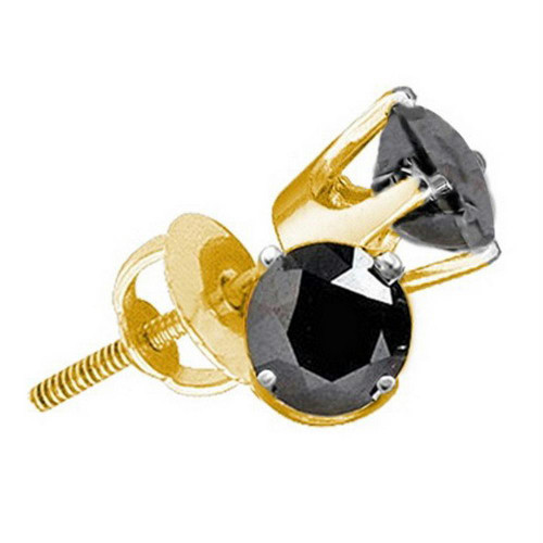 10kt Yellow Gold Unisex Round Black Color Enhanced Diamond Solitaire Earrings 3.00 Cttw