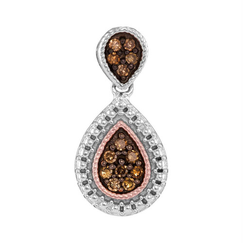 Sterling Silver Womens Round Cognac-brown Color Enhanced Diamond Teardrop Cluster Pendant 1/6 Cttw