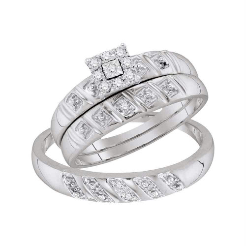 Sterling Silver His & Hers Round Diamond Cluster Matching Bridal Wedding Ring Band Set 1/10 Cttw Sterling Silver His & Hers Round Diamond Cluster Matching Bridal Wedding Ring Band Set 1/10 Cttw