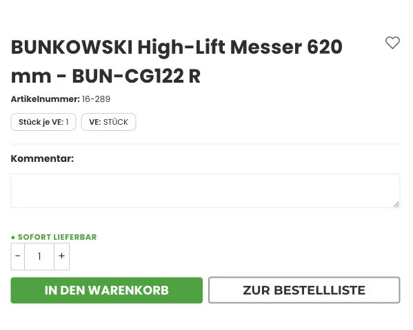 Kommentarfeld auf der Produktseite + Button &bdquo;In den Warenkorb