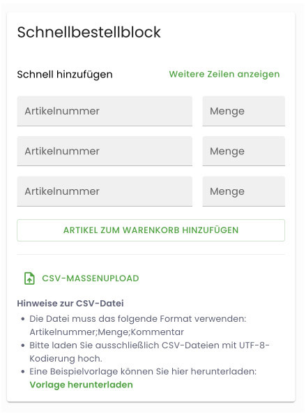 Schnellbestellung + CSV-Import
